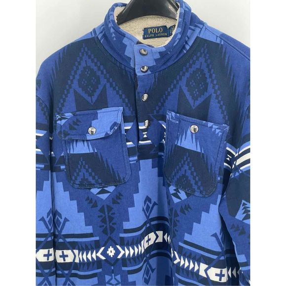 Polo Ralph Lauren Pullover Sweatshirt Men Large SouthwestFleece Mockneck Blue - Picture 11 of 12